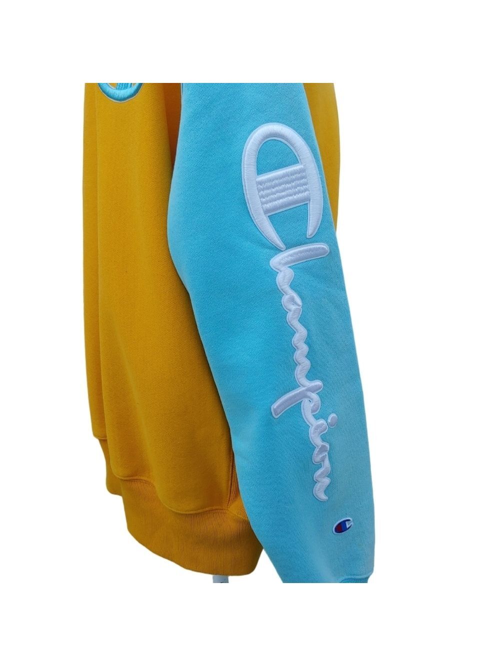 Champion Men's Embroidered Reverse Weave Crewneck in Mustard Teal size Large - Picture 8 of 15